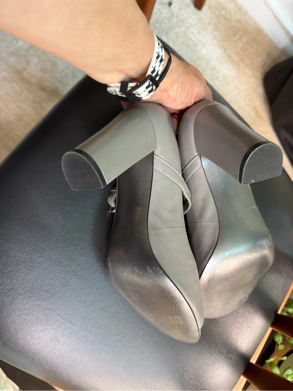 Tahari Gray Mary Peep-Toe T-Strap Heels with Ruffle Accent
